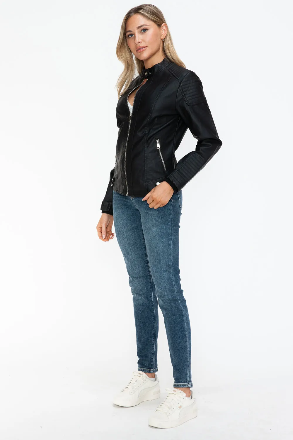 kesley Snobbish Faux Leather Biker Jacket with Side Zip Pockets