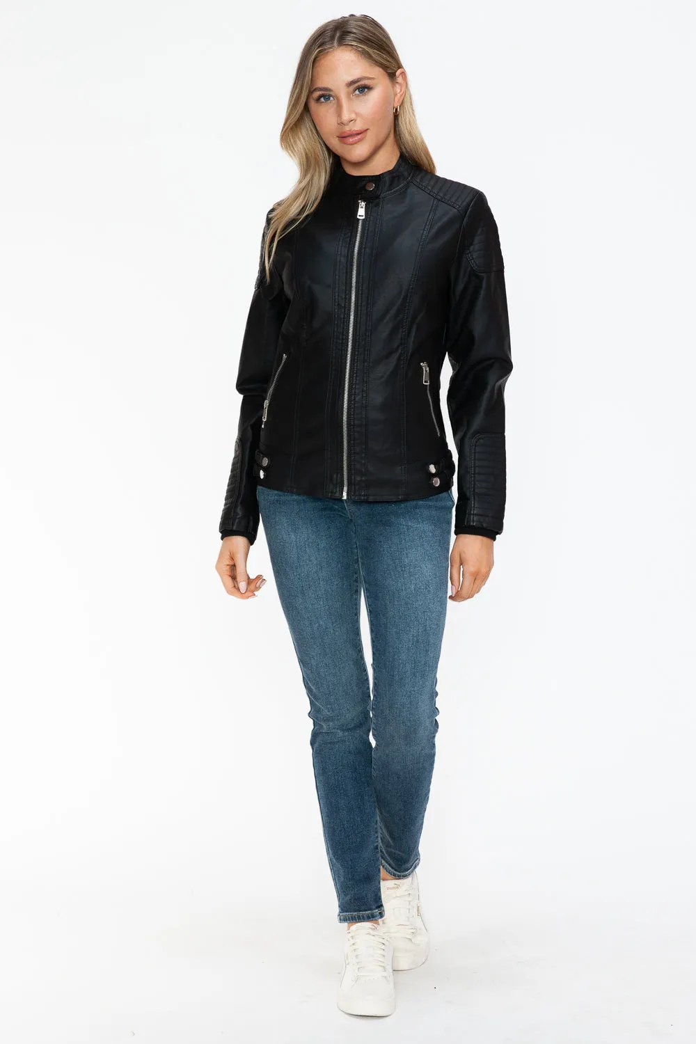 kesley Snobbish Faux Leather Biker Jacket with Side Zip Pockets