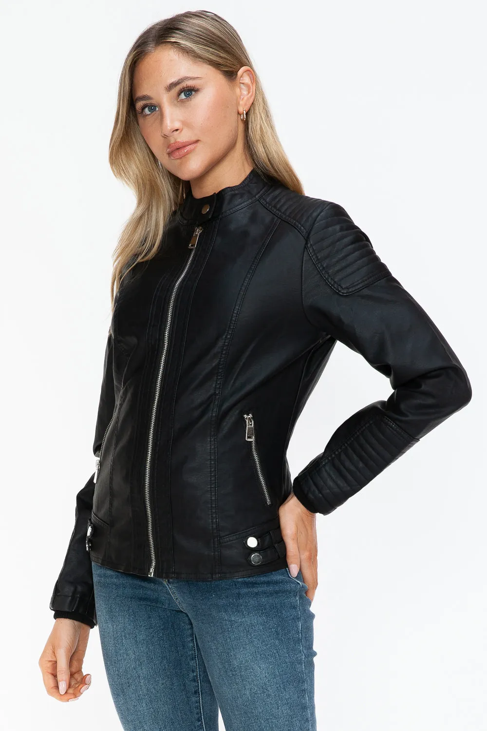 kesley Snobbish Faux Leather Biker Jacket with Side Zip Pockets