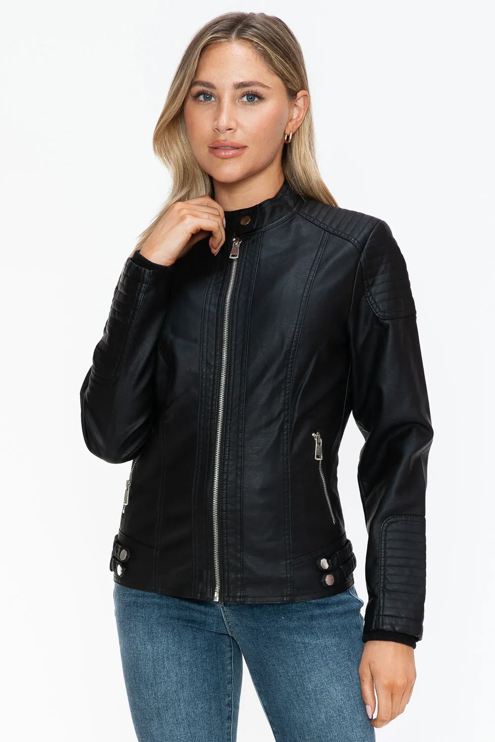 kesley Snobbish Faux Leather Biker Jacket with Side Zip Pockets