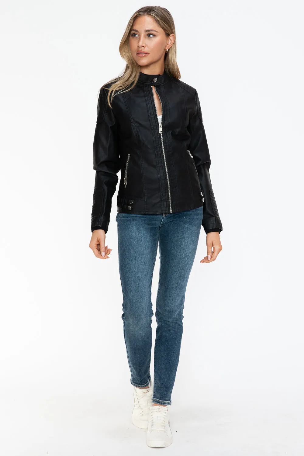 kesley Snobbish Faux Leather Biker Jacket with Side Zip Pockets