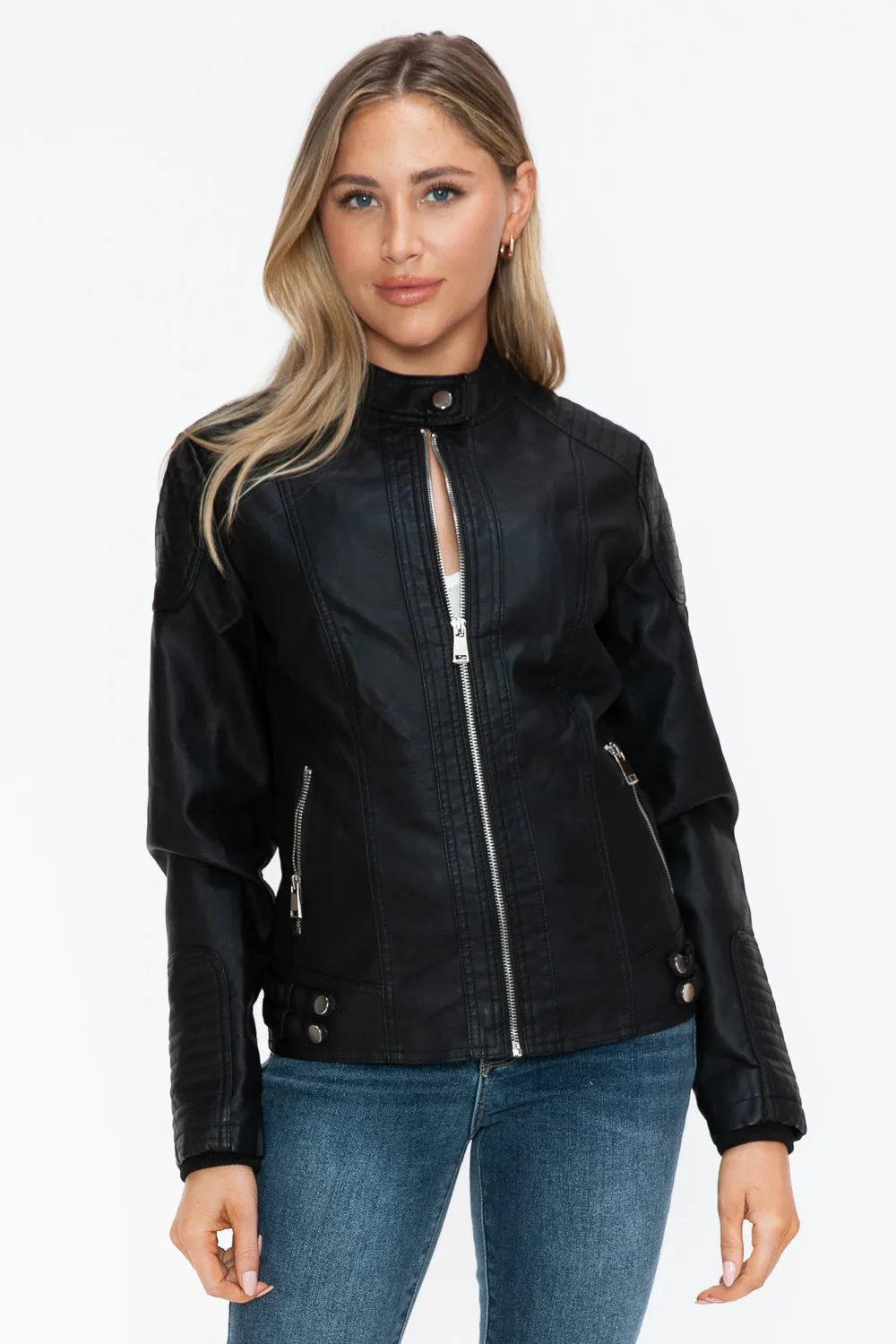 kesley Snobbish Faux Leather Biker Jacket with Side Zip Pockets