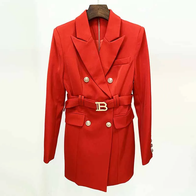 Long Red Blazer Jacket Womens Red Coat with Belt Outerwear