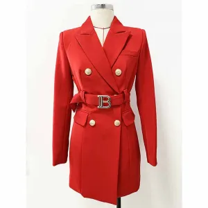 Long Red Blazer Jacket Womens Red Coat with Belt Outerwear