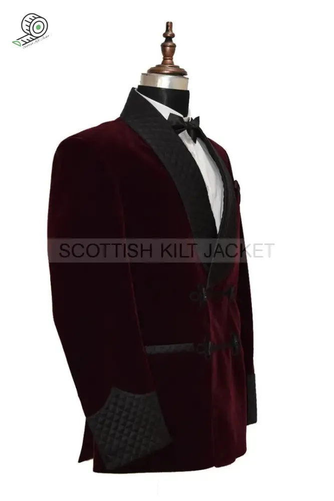 Men's Burgundy Velvet Jacket with Quilting for Evening Events