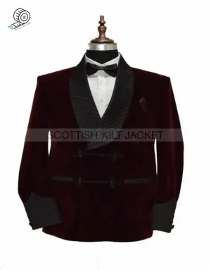 Men's Burgundy Velvet Jacket with Quilting for Evening Events