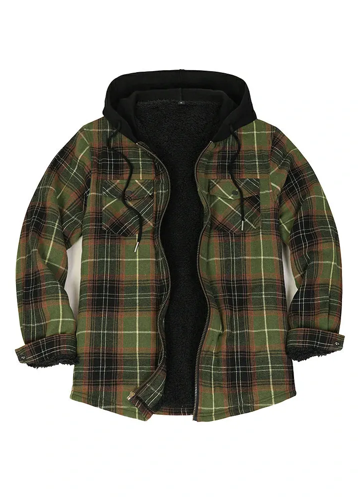 Men's Sherpa Lined Full Zip Up Flannel Plaid Hooded Jacket