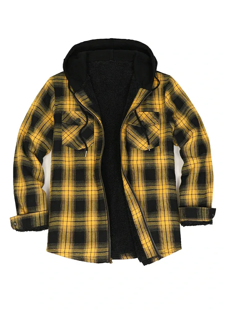 Men's Sherpa Lined Full Zip Up Flannel Plaid Hooded Jacket