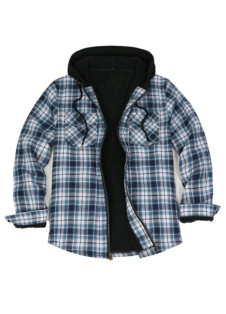 Men's Sherpa Lined Full Zip Up Flannel Plaid Hooded Jacket