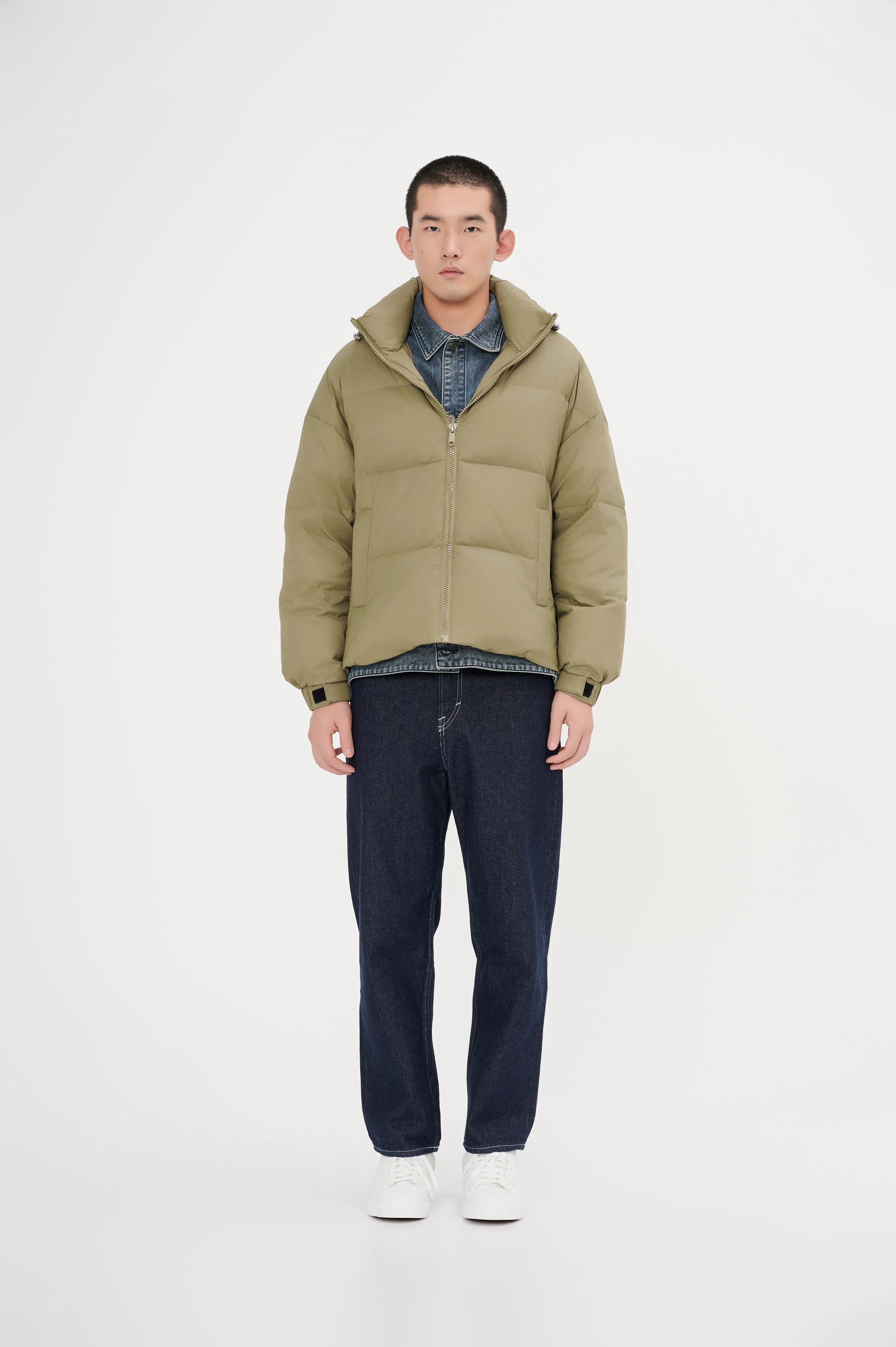 Men's Stylish, Layered Look With Denim Panel Down Jacket