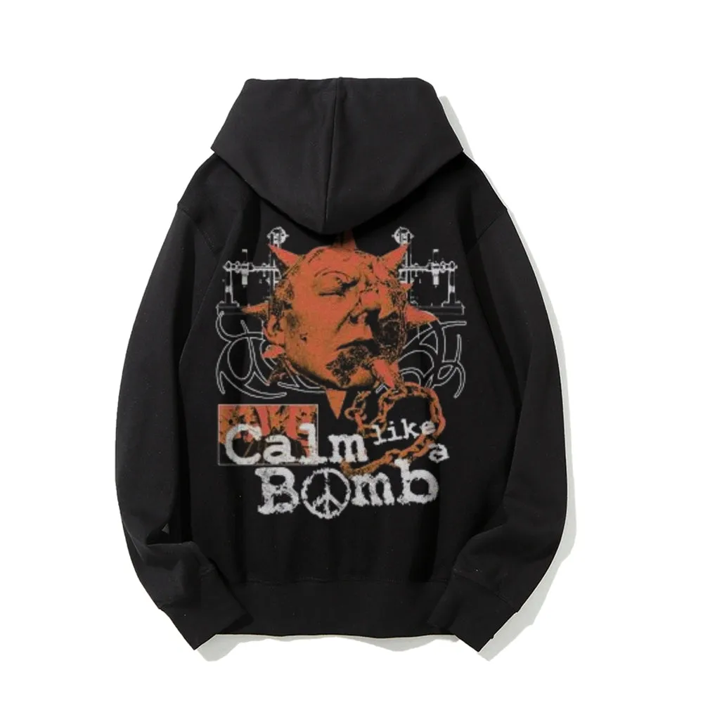 Mens Vintage Calm Like A Bomb Print Graphic Pullover With Kangaroo Pocket Hoodies