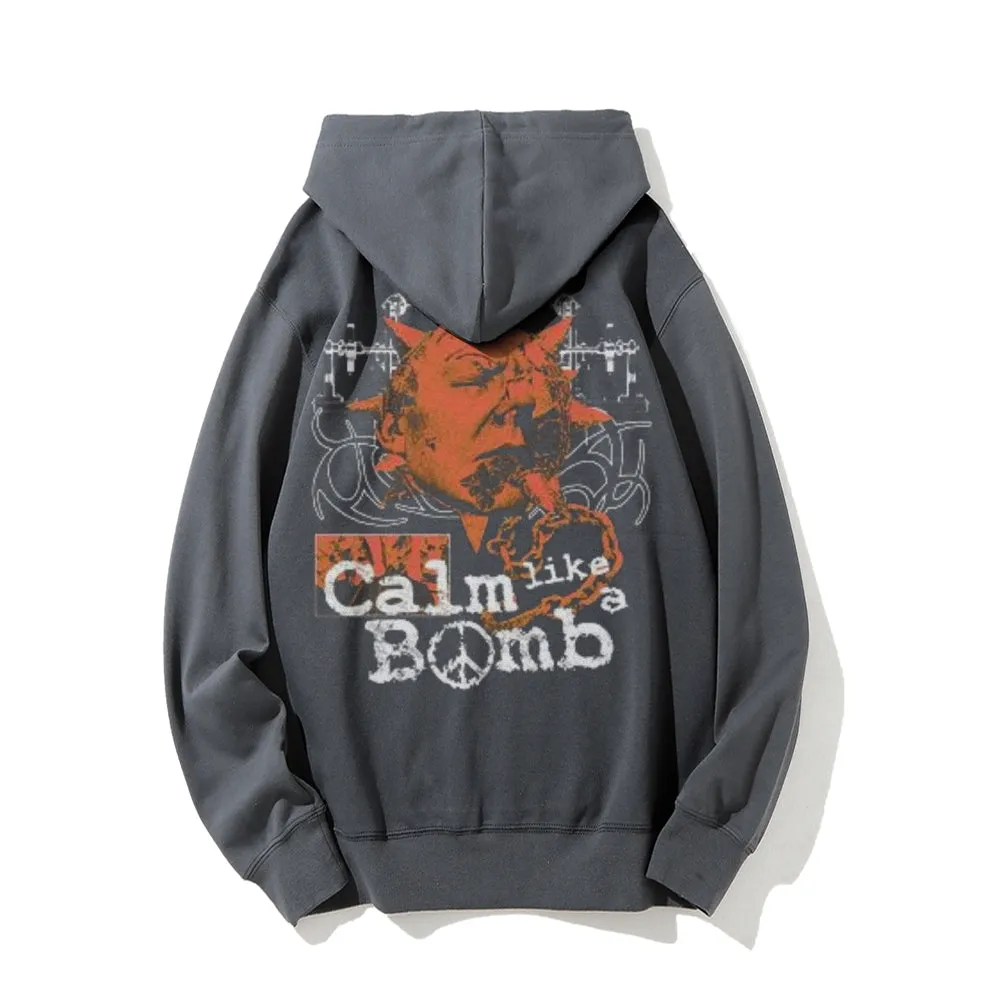 Mens Vintage Calm Like A Bomb Print Graphic Pullover With Kangaroo Pocket Hoodies