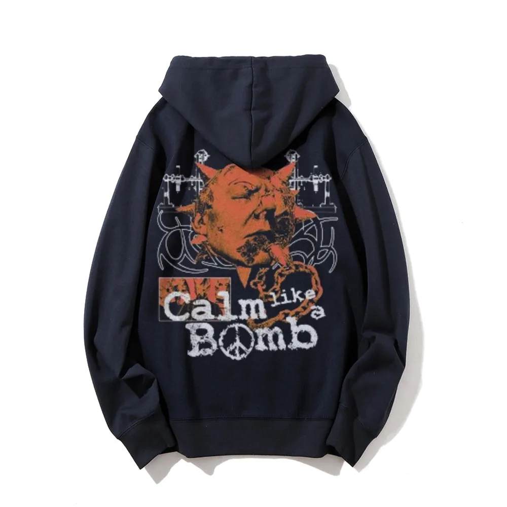 Mens Vintage Calm Like A Bomb Print Graphic Pullover With Kangaroo Pocket Hoodies