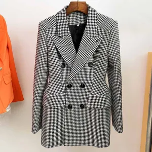 Middle Length Double Breasted Wollen Blend Houndstooth Tweed Blazer