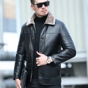 Natural Leather Men's Sheepskin Casual Lapel Mid Length Down Jacket