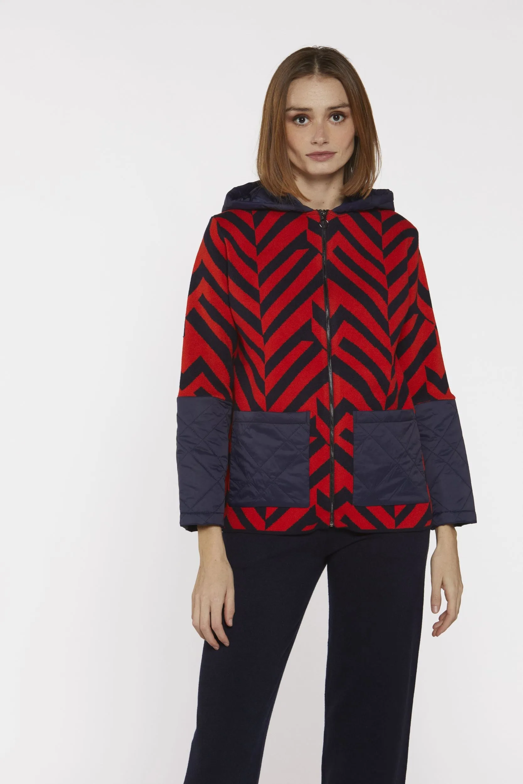 Navy and Orange Zig Zag Print Jacket with padded back and hood