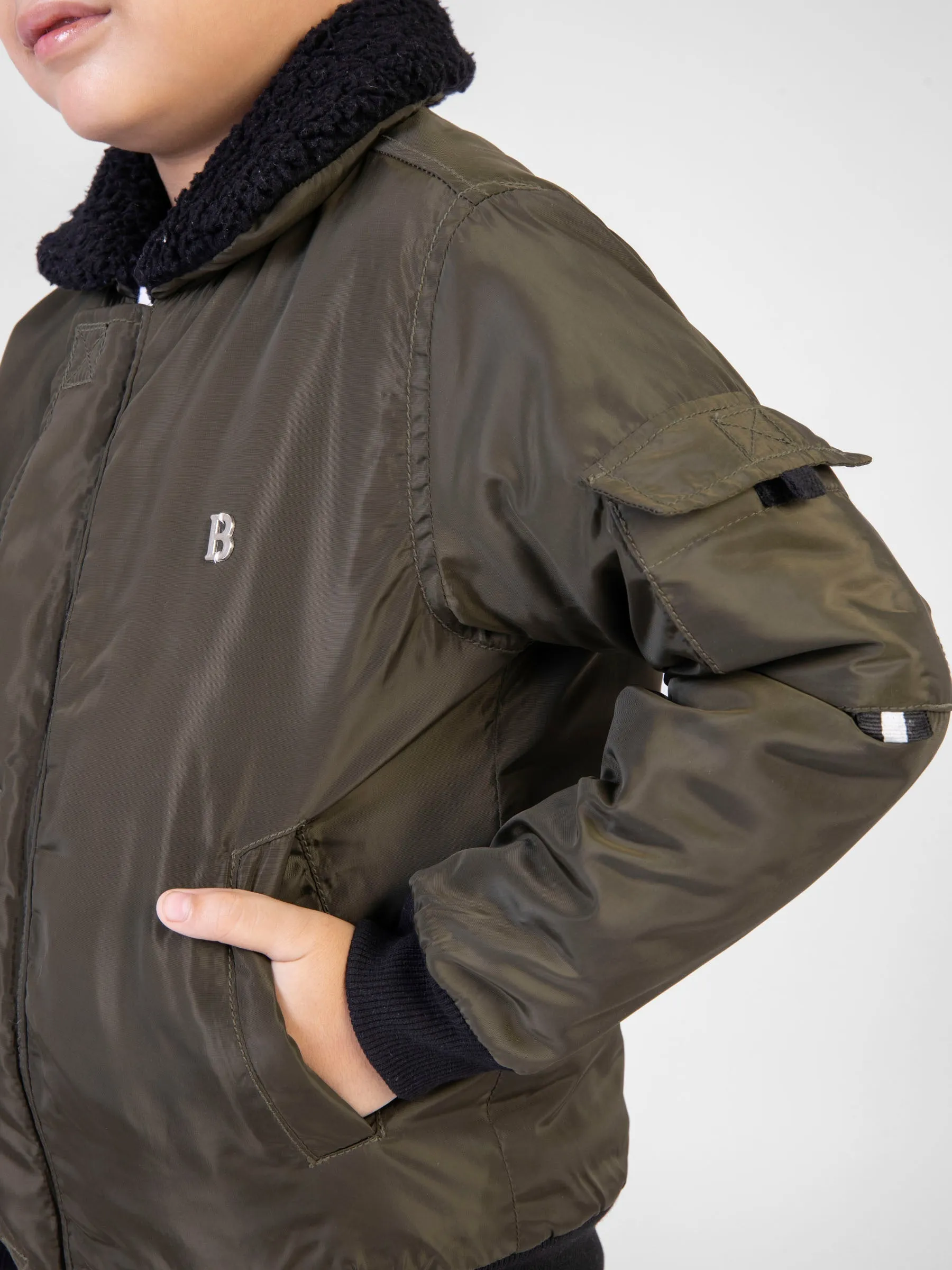 Olive Green Quilted Casual Jacket With Sherpa Collar