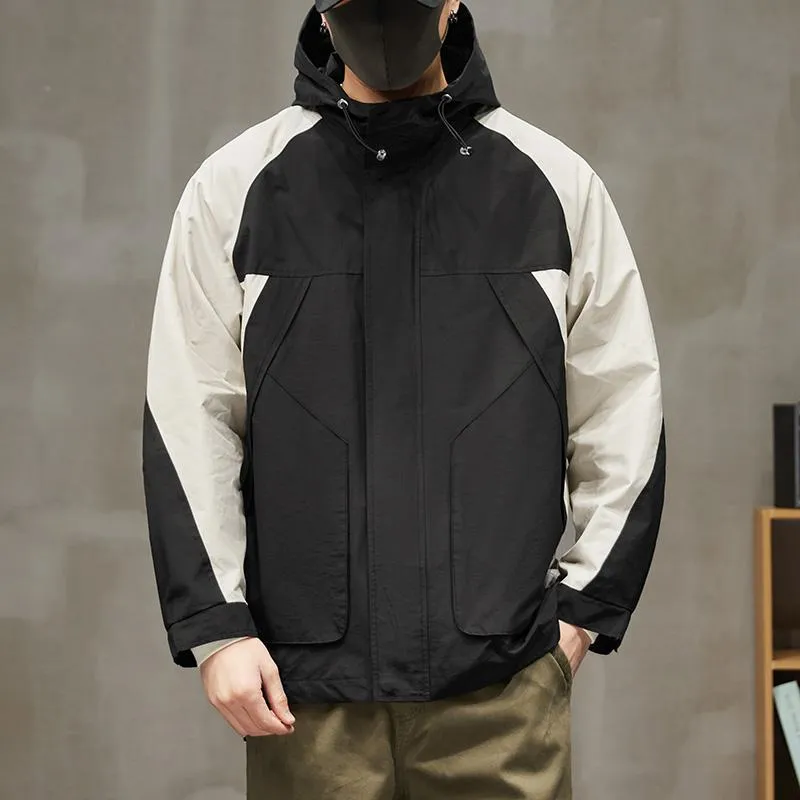 Patchwork Outdoor In-Seam Pocket Hooded Water-Resistant Windbreaker