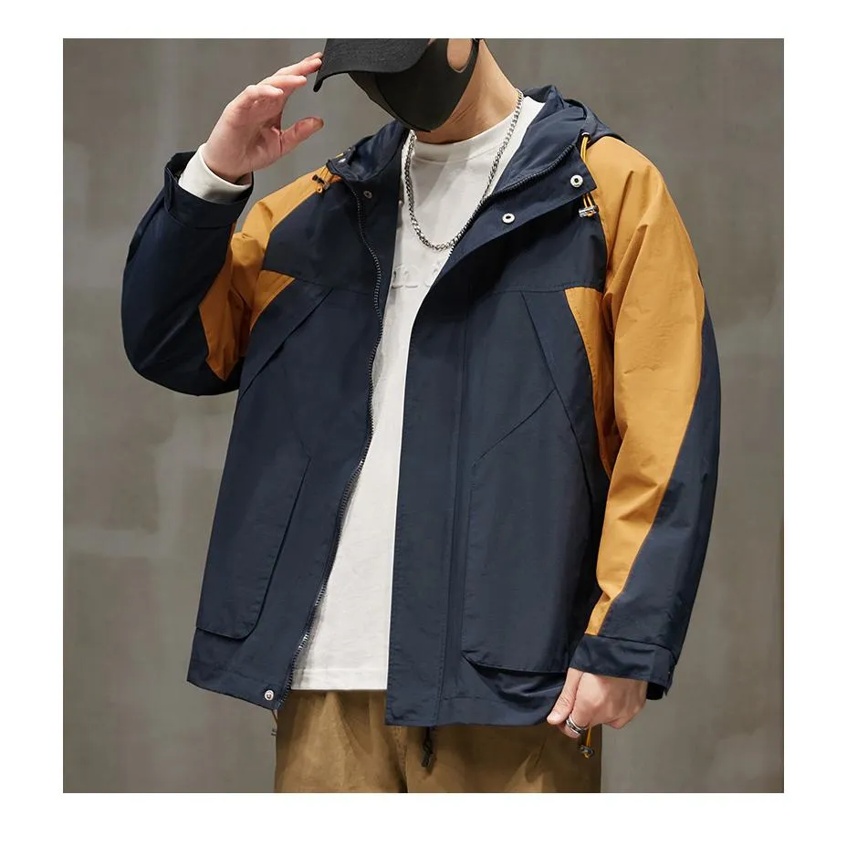 Patchwork Outdoor In-Seam Pocket Hooded Water-Resistant Windbreaker