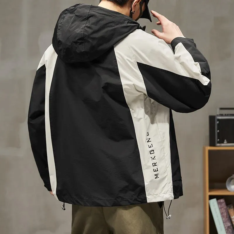 Patchwork Outdoor In-Seam Pocket Hooded Water-Resistant Windbreaker