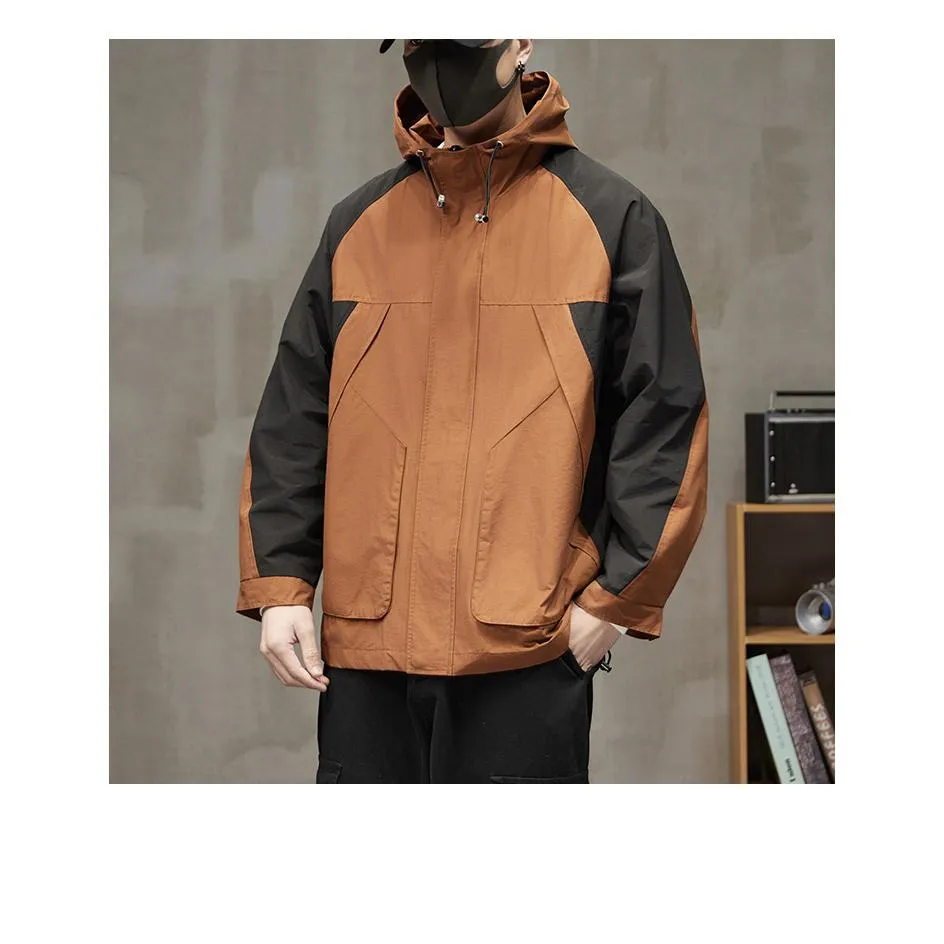 Patchwork Outdoor In-Seam Pocket Hooded Water-Resistant Windbreaker