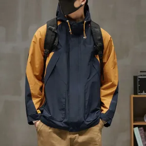 Patchwork Outdoor In-Seam Pocket Hooded Water-Resistant Windbreaker