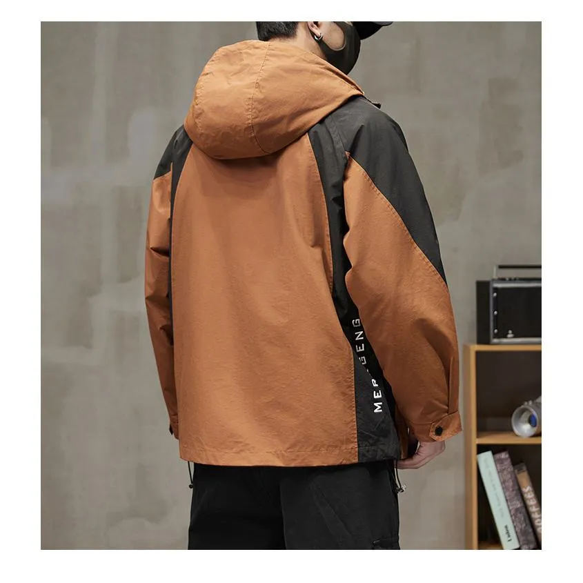 Patchwork Outdoor In-Seam Pocket Hooded Water-Resistant Windbreaker