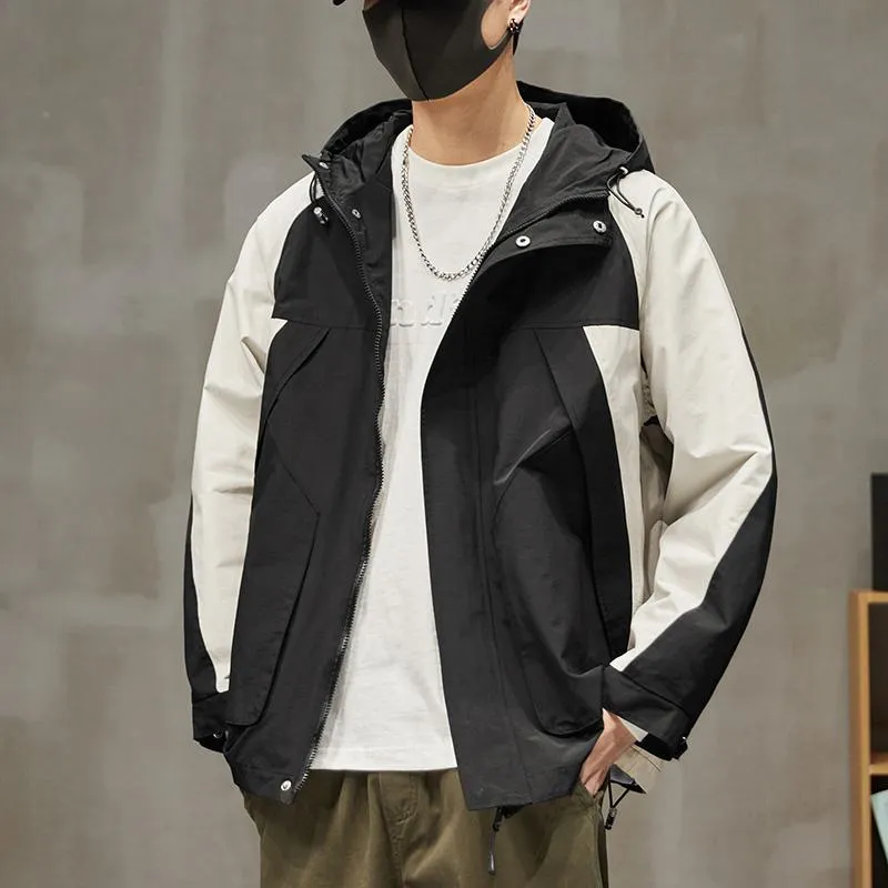 Patchwork Outdoor In-Seam Pocket Hooded Water-Resistant Windbreaker