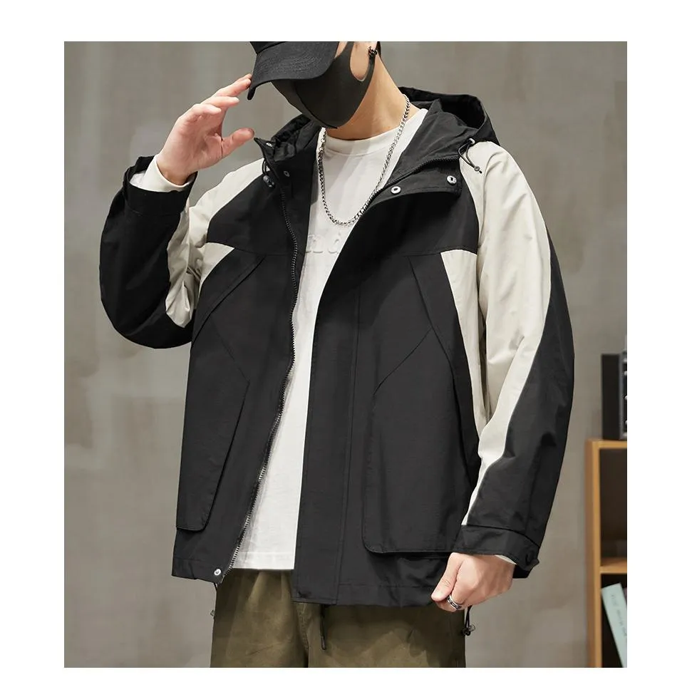 Patchwork Outdoor In-Seam Pocket Hooded Water-Resistant Windbreaker