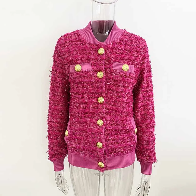 Pink Tweed Outwear Gold Buttons Baseball Uniform Jacket Coat