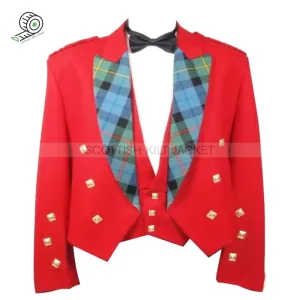 Red Prince Charlie Jacket with Tartan Lapels and Three Button Vest