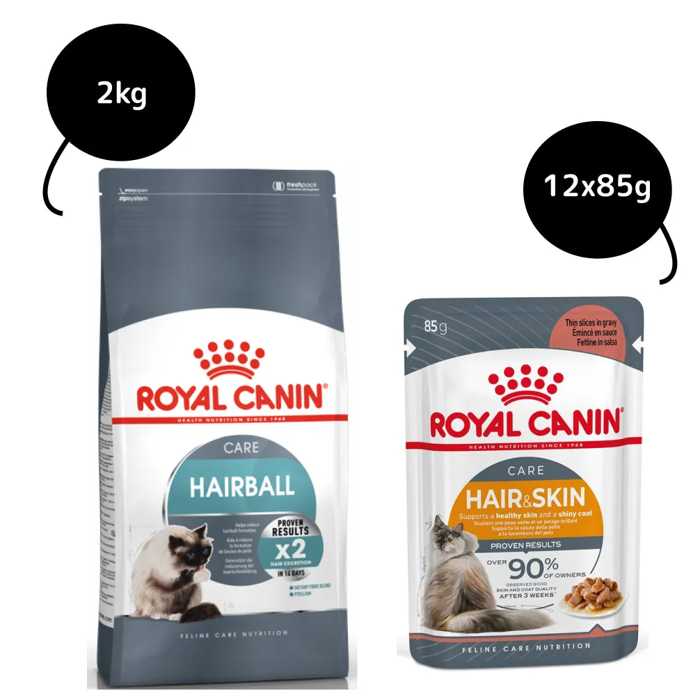 Royal Canin Hairball Care Dry Food and Hair & Skin Care Gravy Wet Adult Cat Food Combo