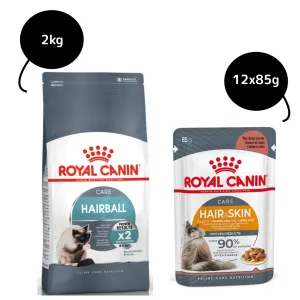 Royal Canin Hairball Care Dry Food and Hair & Skin Care Gravy Wet Adult Cat Food Combo