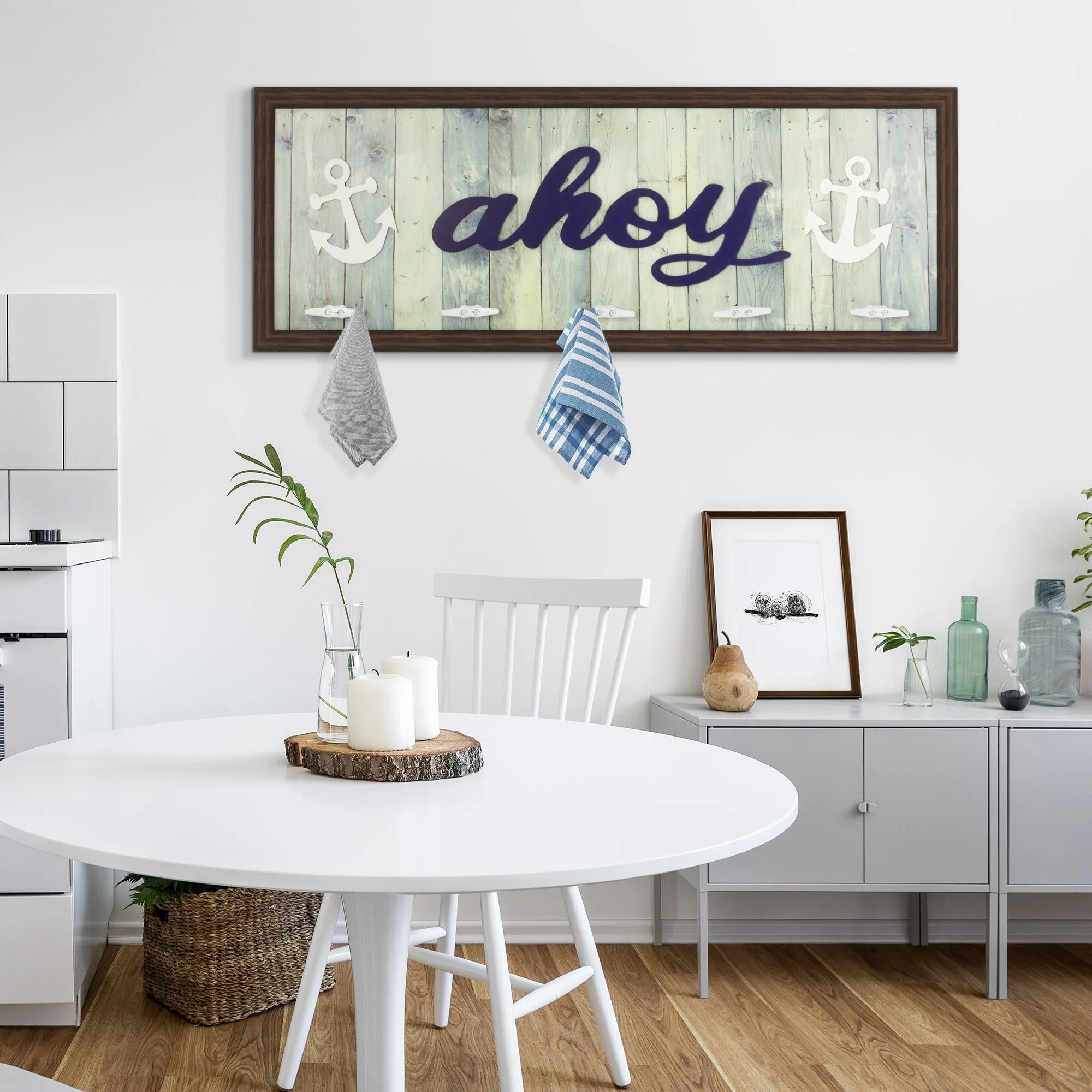 Rustic Coastal "Ahoy" Framed Coat Rack, 5 Hooks