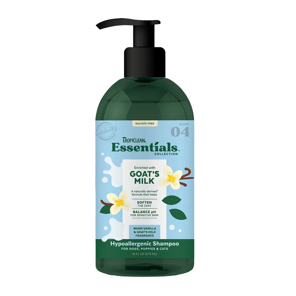 TropiClean Essentials Hypoallergenic Shampoo Goat's Milk - Warm Vanilla & Goat's Milk for Dogs, Puppies & Cats 16oz