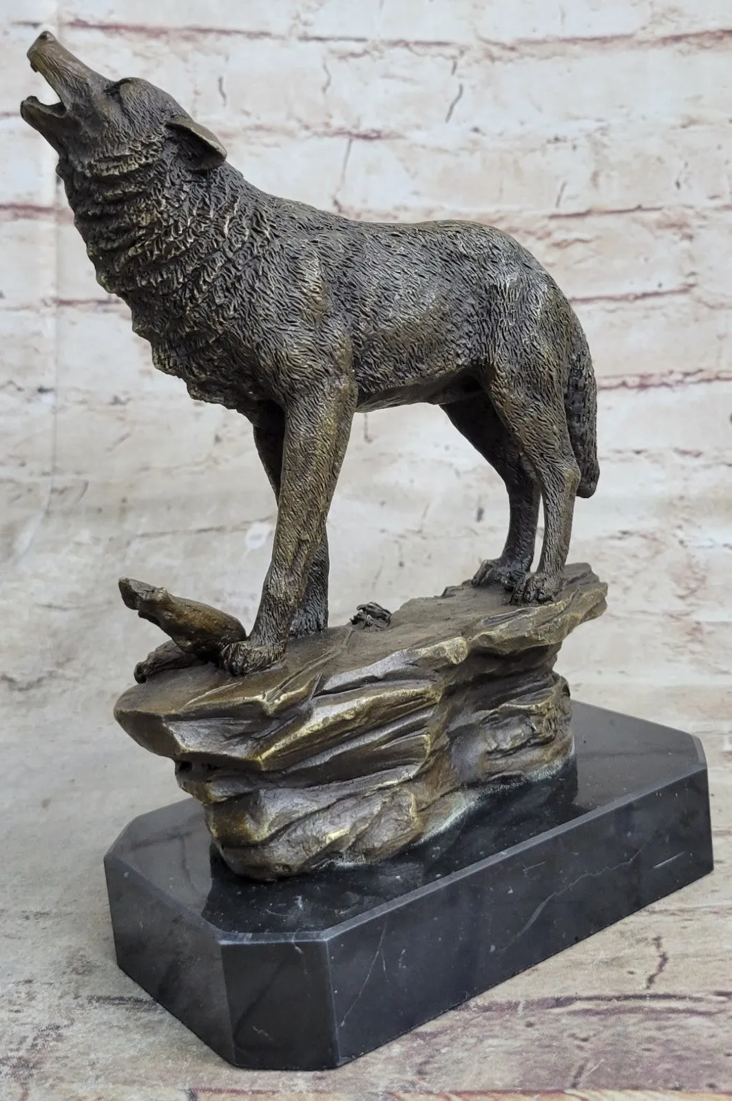 Vintage Patinated Bronze 7 LBS Figurine of a Wolf on Lookout Hot Cast Figurine