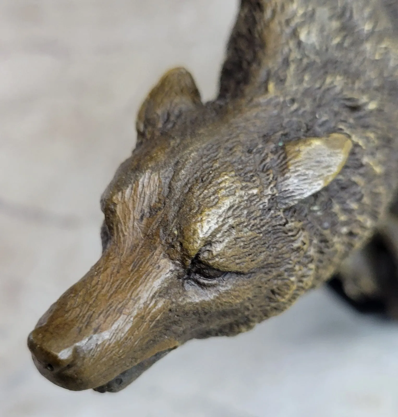 Vintage Patinated Bronze 7 LBS Figurine of a Wolf on Lookout Hot Cast Figurine