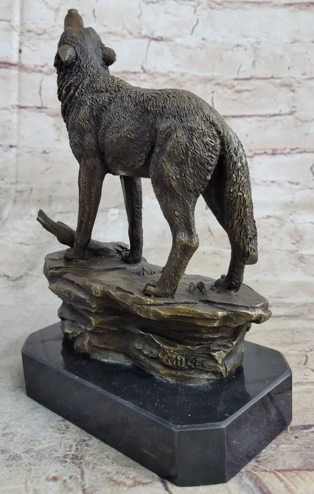 Vintage Patinated Bronze 7 LBS Figurine of a Wolf on Lookout Hot Cast Figurine