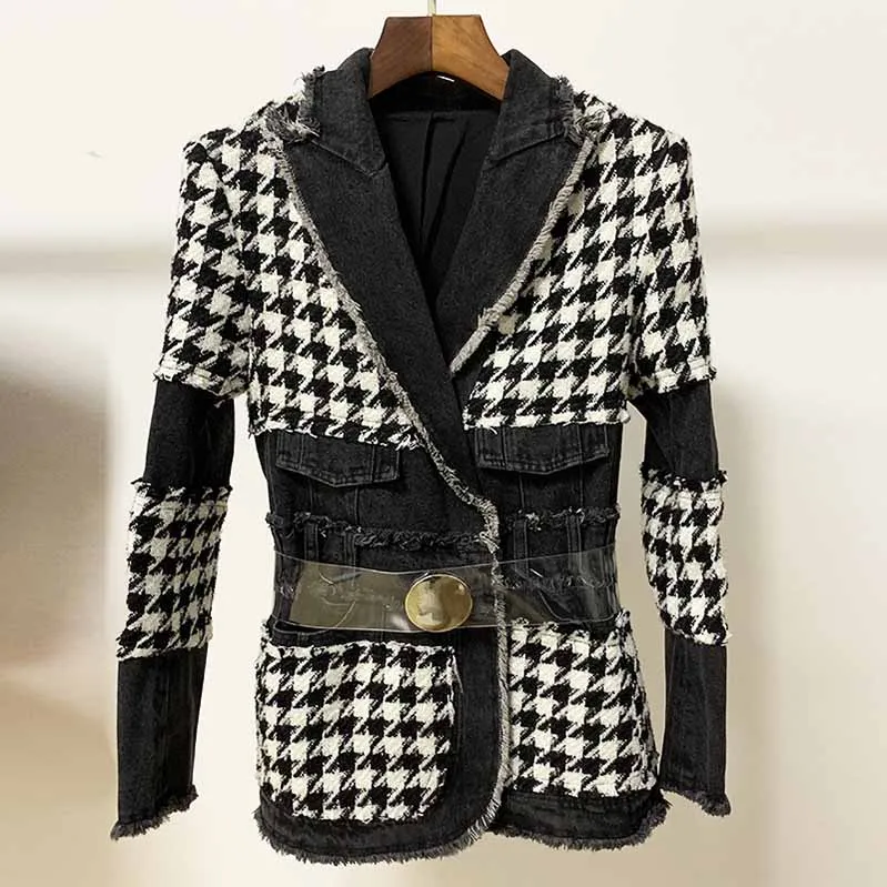 Vintage Tweed Patchwork Blazer For Women Silm Fitted One Button Jacket Coat