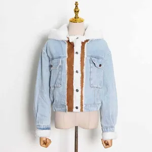 Winter Jean Coat for Women Oversized Lamb Wool Hoodie Coats Patchwork Denim Jackets