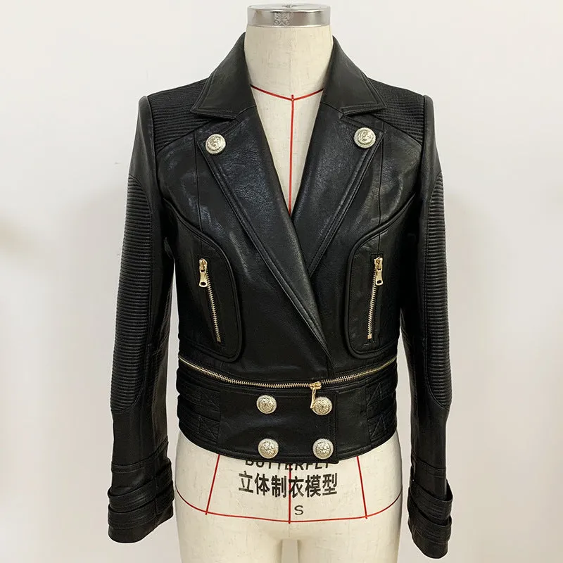 Women Black Leather Jacket Moto Biker Blazer Coats