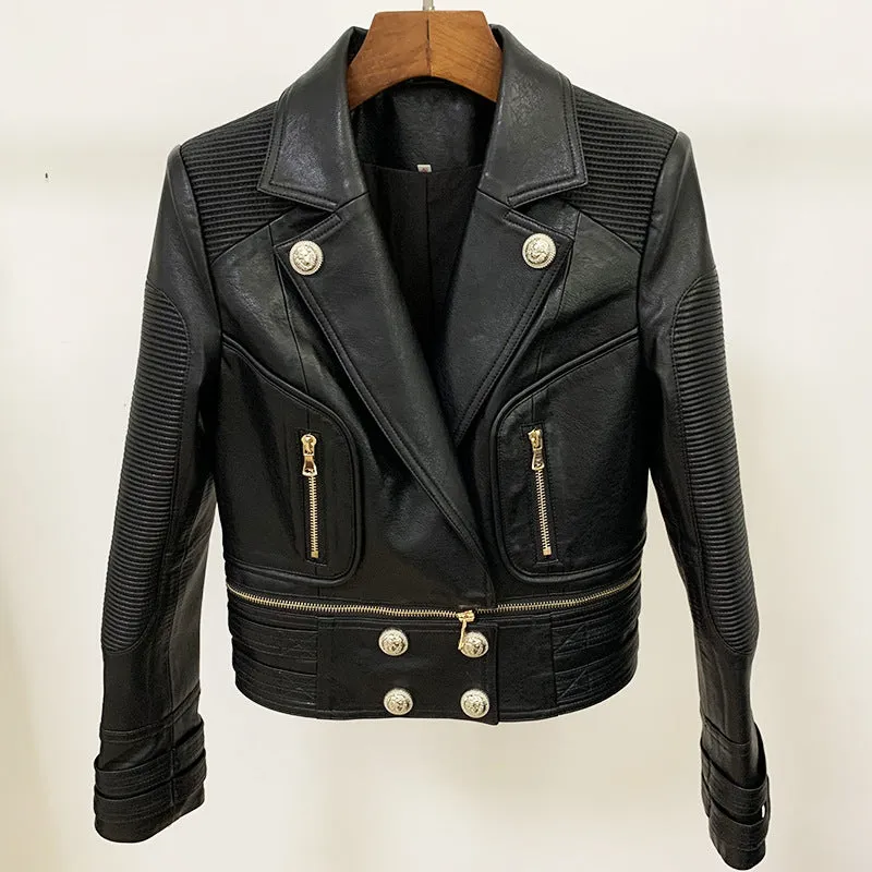 Women Black Leather Jacket Moto Biker Blazer Coats