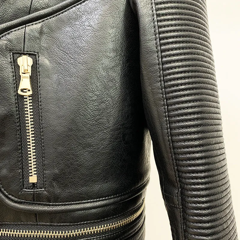 Women Black Leather Jacket Moto Biker Blazer Coats