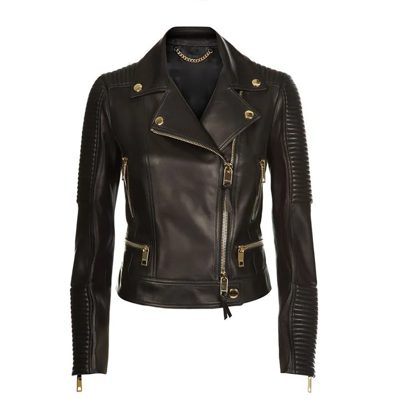 Women Black Zipper Leather Jacket Moto Biker Blazer