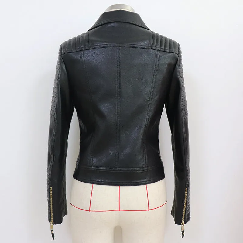 Women Black Zipper Leather Jacket Moto Biker Blazer