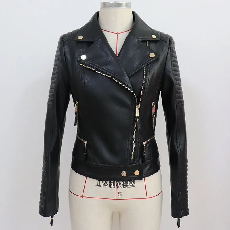 Women Black Zipper Leather Jacket Moto Biker Blazer