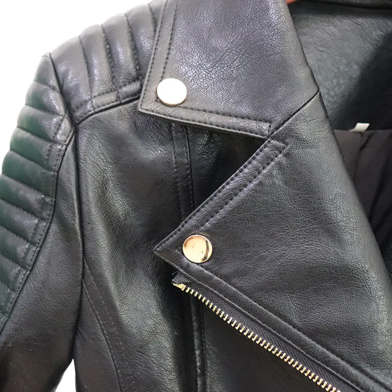 Women Black Zipper Leather Jacket Moto Biker Blazer