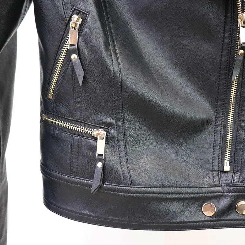 Women Black Zipper Leather Jacket Moto Biker Blazer