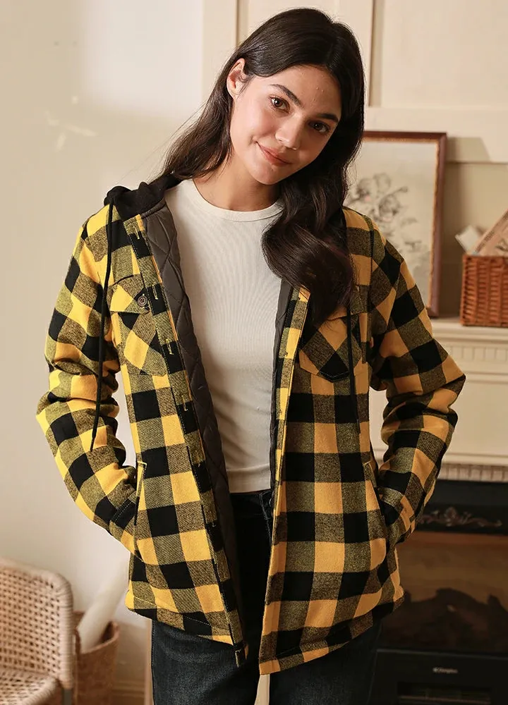 Women's Matching Family Buffalo Yellow Quilted Lined Flannel Hoodie