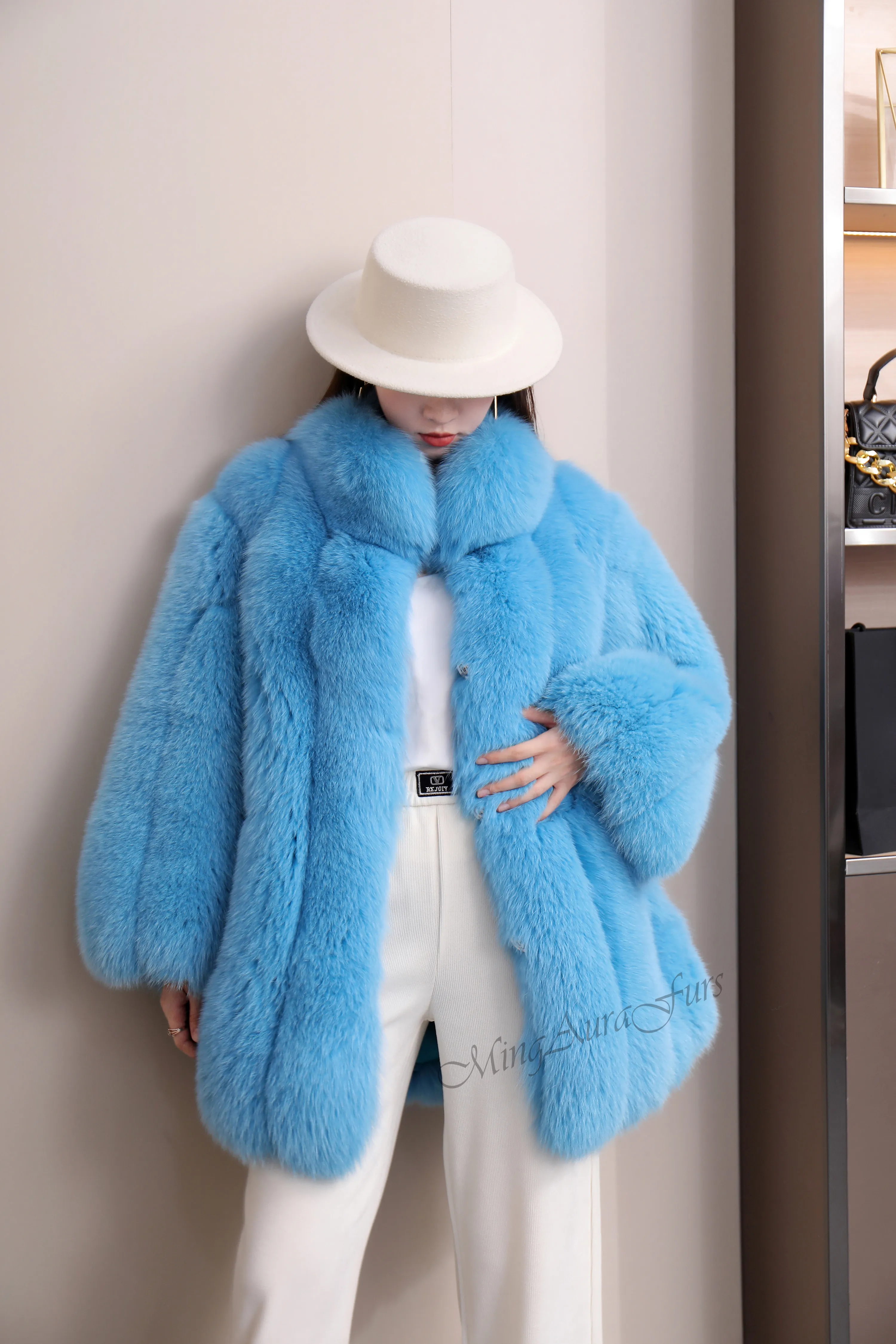 Women's Real Fox Fur Coat - White Fox - G0034